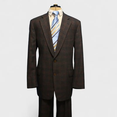 Paul Stuart 2 Piece Suit 45 XL Brown Plaid Super 120s Flannel Wool Full Canvas - Image 1 of 4