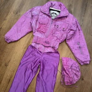 Nils Skianzug Schneeanzug Damen Einteiler Snow Bib Vintage 80er USA lila mit Mütze - Bild 1 von 23