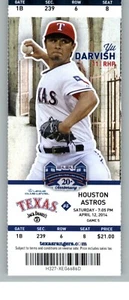 Houston Astros vs Texas Rangers 4/12/2014 Full Ticket - Yu Darvish - Picture 1 of 2
