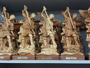 St. Michael Olive Wood Artist Figure Hand Made Bethlehem 14.17*4.5*5.90Inch - Picture 1 of 13