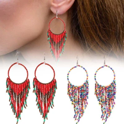 1 Pair Trendy Boho Ethnic Multicolor Beaded Fringe Beaded Dangle Earrings - Image 1 of 4