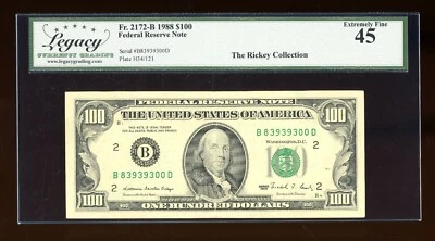 DBR 1988 $100 FRN New York Fr. 2172-B Legacy 45 Serial B83939300D - Image 1 of 2