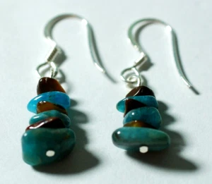 BLUE APATITE & TIGER EYE STERLING SILVER DROP EARRINGS - Picture 1 of 3