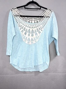 Moa Light Blue 3/4 Sleeve Top Crochet Neck & Back Size Medium Boho Cottage - Picture 1 of 6