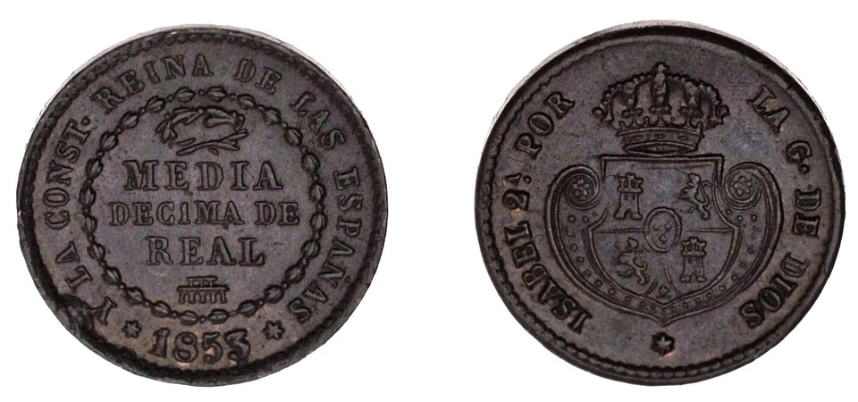 1/2 Real Copper Coin Isabella II - Segovia, 1853. XF+/REAL+ - Image 1 of 1