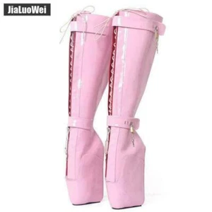 7" High Heel Wedge Heelless Sole Lockable Zip Sexy Padlocks Knee-High Boots - Picture 1 of 7