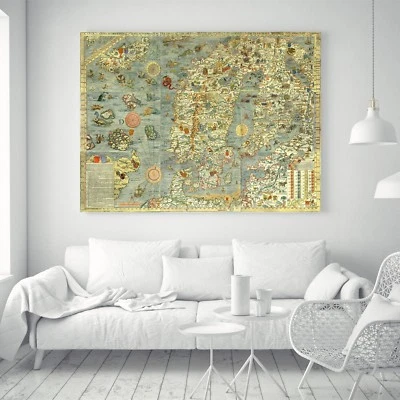 Ancient Ocean World Map Sea Monster Animal Vintage Silk Canvas Poster Paint 94 - Image 1 of 4