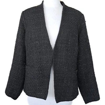 Blazer CALVIN KLEIN Negro Metálico Bouclé Tweed Chaqueta Frente Abierto Talla 14 W Foto 1 de 4