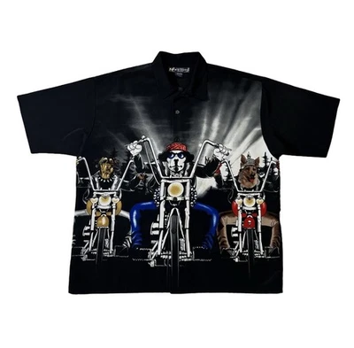 Big Dogs Hombre L Grande Negro Poliéster Cuello de campamento Perro Moto Camisa Abotonada Foto 1 de 4