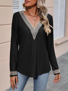 Womens Black Casual Long Sleeve V-Neck Tunic Top Beige Trim Breathable - Choose - Picture 1 of 5