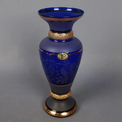 Vase Glas Blu Kobalt Gold Zecchino Bohemia Crystalex Drachen Graviert Vintage - Bild 1 von 4