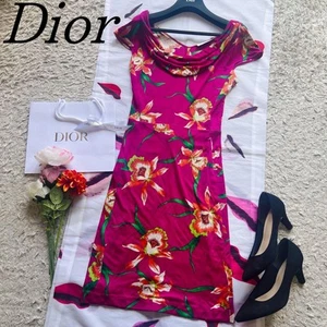 Rare Christian Dior Floral Silk Knee-Length French Sleeve Dress M Pink JP - Picture 1 of 24