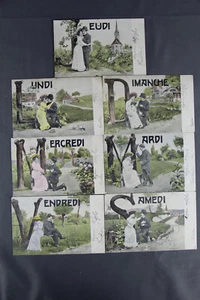 Postkarten Wochentage Französisch Pärchen Liebespaar um 1900 gelaufen Bauer Wien - Bild 1 von 9
