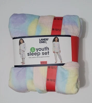 Lands End 3 Piece Girls Sleep Set Robe Pajama Top & Bottom, Pink, Medium (10/12) - Image 1 of 4