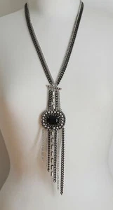 FASHION NECKLACE 26" CLEAR CRYSTAL SQUARE PENDANT 9" BLACK ANTIQUE PLATING - Picture 1 of 1