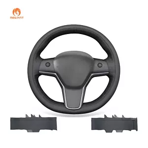 MEWANT Black Embossed Faux Leather Steering Wheel Wrap for Tesla Model Y Model3 - Picture 1 of 11