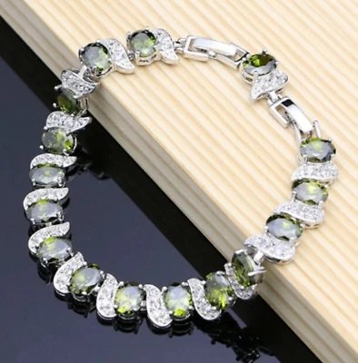 Silver tone Lab Created Peridot Gemstone & AAA CZ Tennis Bracelet - Image 1 of 3