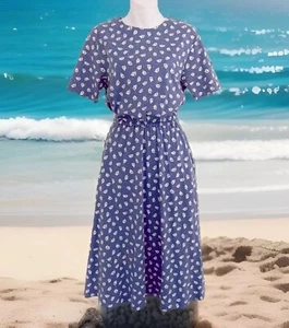 Vintage LANDS END Women Dress Sz S Blue White Nautical Boat Print Short Sleeve - Picture 1 of 8