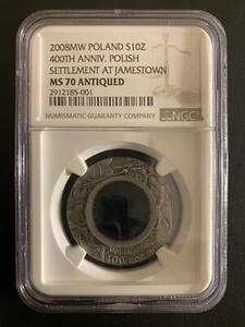 Poland 10 Zlotych, 2008, 400 years of Polish Settlement At Jamestown NGC PF70 - Picture 1 of 3