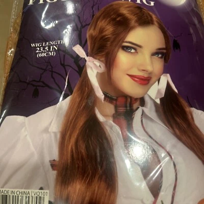 Peluca de coletas rubia fresa/roja para adultos cintas rosas, longitud del disfraz 23,5" Foto 1 de 4