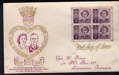 1947 1d Elizabeth & Phillip ROYAL WEDDING Block Australia FDC Launceston TAS - Image 1 of 3