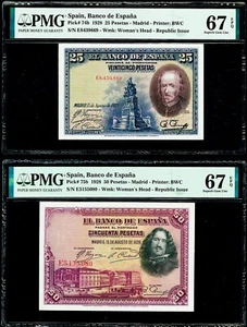 Spain PAIR 50 & 100 Pesetas 1928 Pick-74b & 75b SUPERB GEM UNC PMG 67 EPQ - Picture 1 of 2