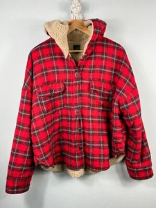 Wild Fable Damen Jacke Mantel rot beige kariert Knöpfe Taschen Kragen Kunstfell XL - Bild 1 von 7