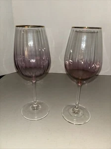 Set Of  2 Anthropologie Waterfall Goblet Pink Tulip Toasting Wine Glass Gold Rim - Picture 1 of 5