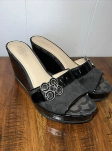 Coach Geri SZ 7.5 B Wedge Sandals Signature Canvas Patent Leather Black A0121 - Picture 1 of 12