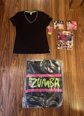 Zumba Lot New Black Tote Bag Dip It Low Shirt Medium CD DVD Cookbook - Image 1 of 4