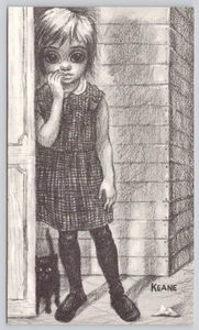 Postal Margaret Keane Niña Ojos Grandes Gato Negro Ilustración Blanco y Negro - Imagen 1 de 3
