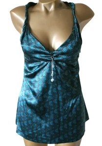 NUOVO Miss Sixty lussuoso top raso seta L verde multi decorativo Italia vintage - Foto 1 di 5