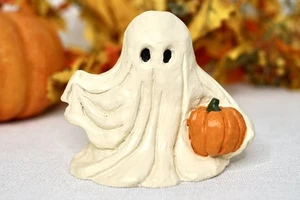 Zucca che tiene fantasma Halloween vintage resina bianca 3,5" decorazione statuina spettrale - Foto 1 di 13