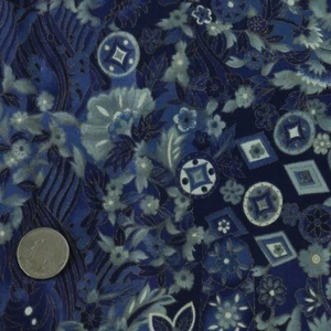 42" Hoffman Wood Blocks Quilt Cotton Fabric Blue Metallic Asian Floral Print - Picture 1 of 4