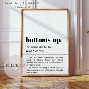 Bottoms-Up Party Funny Bar Kitchen Pub Poster Print / Alcohol Print / Wine - Picture 1 of 6