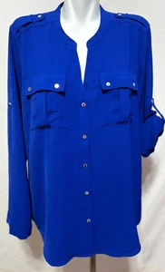 Calvin Klein Women Blouse Top Royal Blue Large Silver Buttons NWT New - Picture 1 of 9