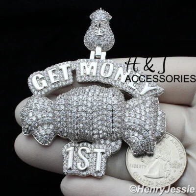 14K WHITE GOLD PLATED ICY BLING CZ SILVER "GET MONEY 1ST" HIPHOP PENDANT*ABP12 - Image 1 of 4