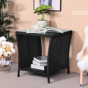 Wicker Side Table - Tempered Glass Top, Black & Open Storage Shelf Rattan Table - Picture 1 of 24