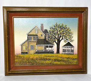 Vintage H. Hargrove Ölgemälde altes Bauernhaus, Baum und Pavillon gerahmt SCHÖN! - Bild 1 von 8