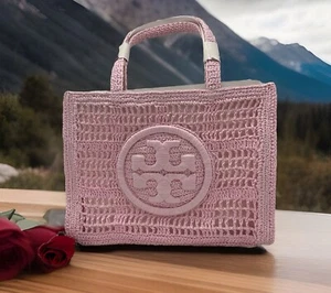 AUTÉNTICO NUEVO CON ETIQUETAS $348 Tory Burch Pequeño Ella Mano Paja Ganchillo Bolso Shopper en Roseta - Imagen 1 de 13