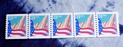 US 3280 FLAG OVER CITY (1999 RED DATE) PLATE# P1111 COIL STRIPE OF 5 PNC MNH!! - Image 1 of 3