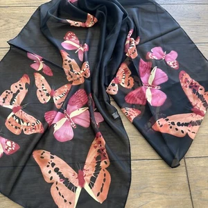Long Butterfly Scarf Sheer 68" x 20" Black Multicolor Pretty Very Nice - Picture 1 of 6