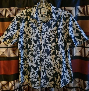 SPLIT Shirt Mens Large Hawaiian Button Up Stretch Skate Surf Navy Blue - Picture 1 of 5