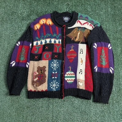 Suéter Woolrich Mujer Grande Gris Multi Navidad Feo Cárdigan Tejido a Mano Oso Foto 1 de 4