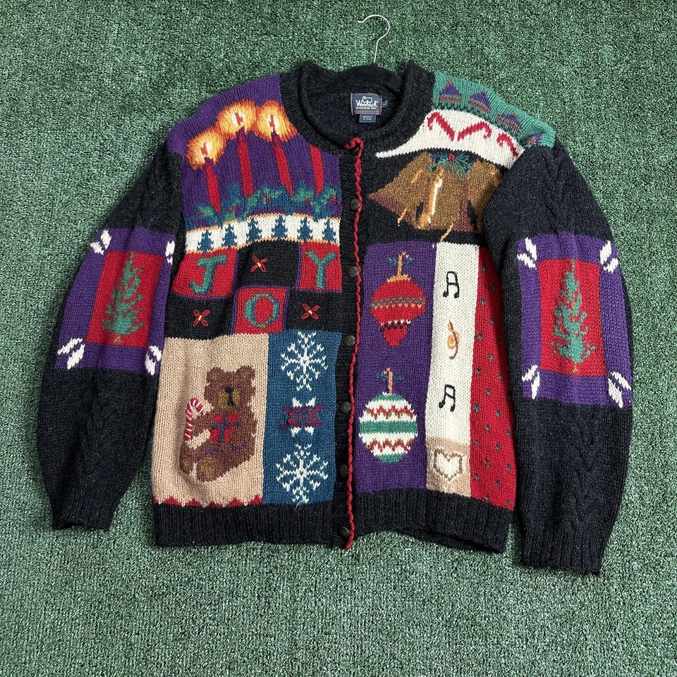 Suéter Woolrich Mujer Grande Gris Multi Navidad Feo Cárdigan Tejido a Mano Oso Foto 1 de 4