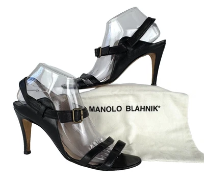 Manolo Blahnik Auth 10 US 40 EU Black Leather Strappy Sandals Shoes Heels Bag - Image 1 of 4
