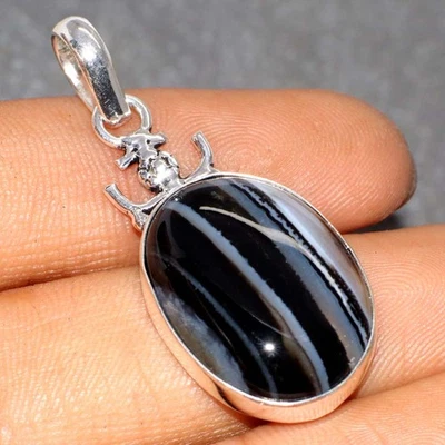 Banded Black Onyx 925 Silver Plated Pendant 1.5" Exquisite Jewelry JW - Image 1 of 3