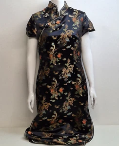 TANGYI Luxurious Black Satin Dragon Phoenix Chinese Dress Size 40 - Picture 1 of 4