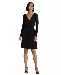 NUOVO ABITO LUREN RALPH LAUREN NERO ADERENTE E FLARE A PIEGHE TAGLIA 16 $145 - Foto 1 di 4