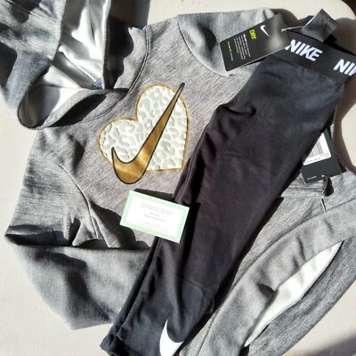 Nike Niñas Talla 5 Negro Leggings Talla 6 Sudadera con Capucha Gris Dorado Foto 1 de 3
